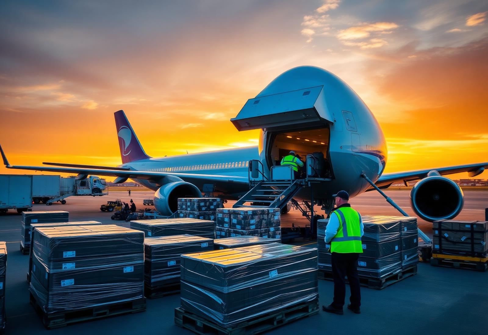 Globelink air freight forwarding service - Cargo aircraft being loaded at sunset